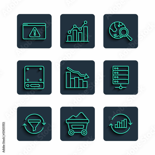 Set line Sales funnel with chart, Coal mine trolley, Pie infographic, Search globe, Financial growth decrease, Server, Browser exclamation mark and icon. Vector