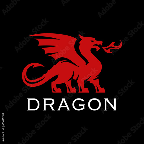 Red dragon icon. Simple winged serpent logo. Fantasy creature symbol. Mythological fire breathing beast emblem. Vector illustration.