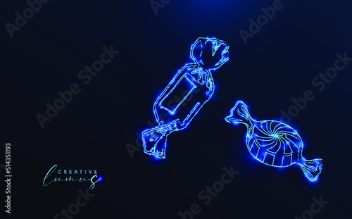 Candies illuminated with stars and lines. Sweets, neon effect, starry in the universe. Model: futuristic, big data, ai, contemporary technology.