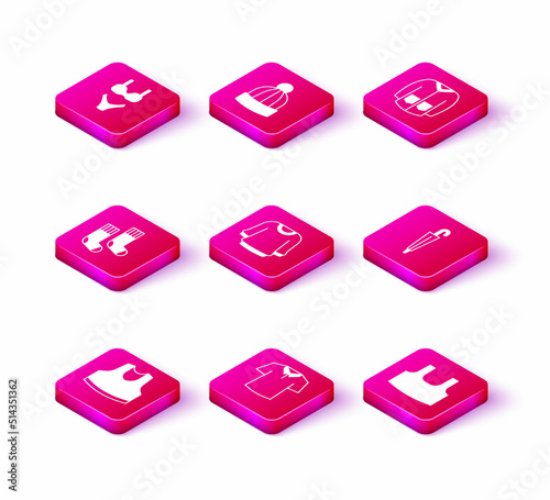 Set Undershirt, Shirt, Socks, Sweater, Umbrella, and Winter hat icon. Vector