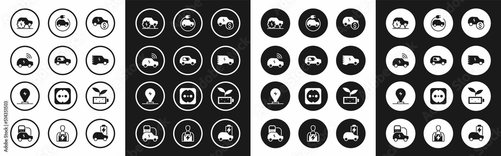 Set Electric car price, Smart system, service, Eco nature leaf battery and Charging parking electric icon. Vector Set Electric car price, Smart system, service, Eco nature leaf battery and Charging parking electric icon. Vector