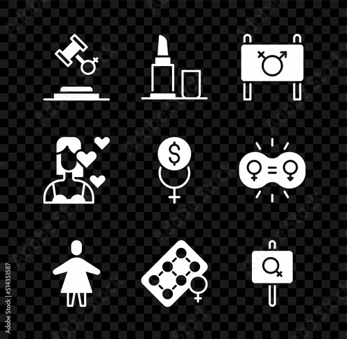 Set Female rights, Lipstick, Feminist activist, Packaging of birth control pills, Love yourself and Feminism finance icon. Vector