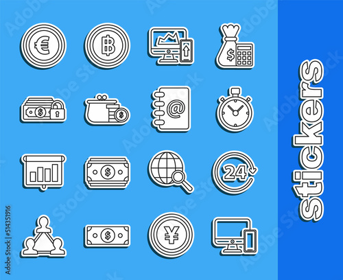 Set line Computer monitor and mobile phone, Clock 24 hours, Stopwatch, Financial chart graph the computer, Wallet with coins, Money, Coin money euro symbol and Address book icon. Vector