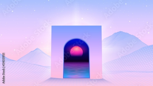 Abstract vaporwave scene with arch or gate to another world with synthwave sunset. 80s gaming mountain landscape with window or sureal portal