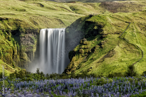 Skogafoss waterfall. Beautiful vulcanic island in the ocean. Iceland.