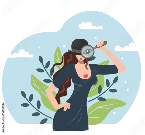 An attractive detective girl, an employee of a detective agency. A woman in a hat is holding a magnifying glass to look. Lady detective or spy hiding in the bushes. Character design - vector isolated