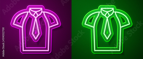 Glowing neon line Shirt icon isolated on purple and green background. T-shirt. Vector