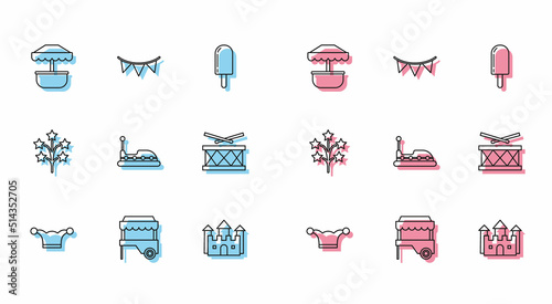 Set line Jester hat with bells, Fast street food cart awning, Attraction carousel, Castle, Bumper, Drum drum sticks, Fireworks and Carnival garland flags icon. Vector