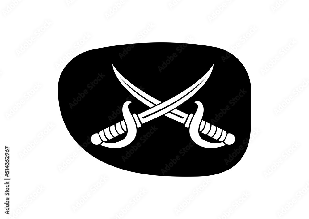 Pirate eye patch with cross cutlass badge vector illustration. Corsair sword saber on black eyepatch symbol isolated on white background.