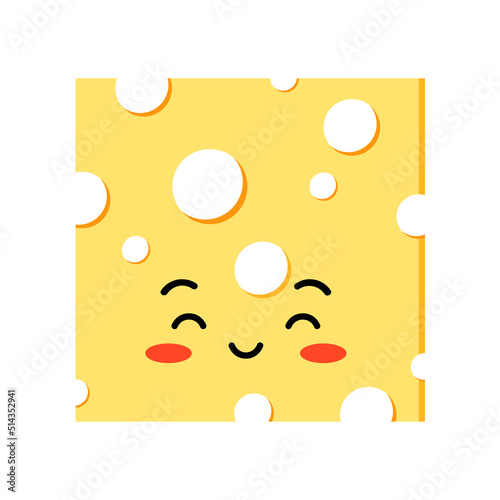 Cute cheese square shape slices with hole vector set isolated on white background. Funny kawaii character pieces of yellow cheese illustration. Organic milk food mascot flat design cartoon style.