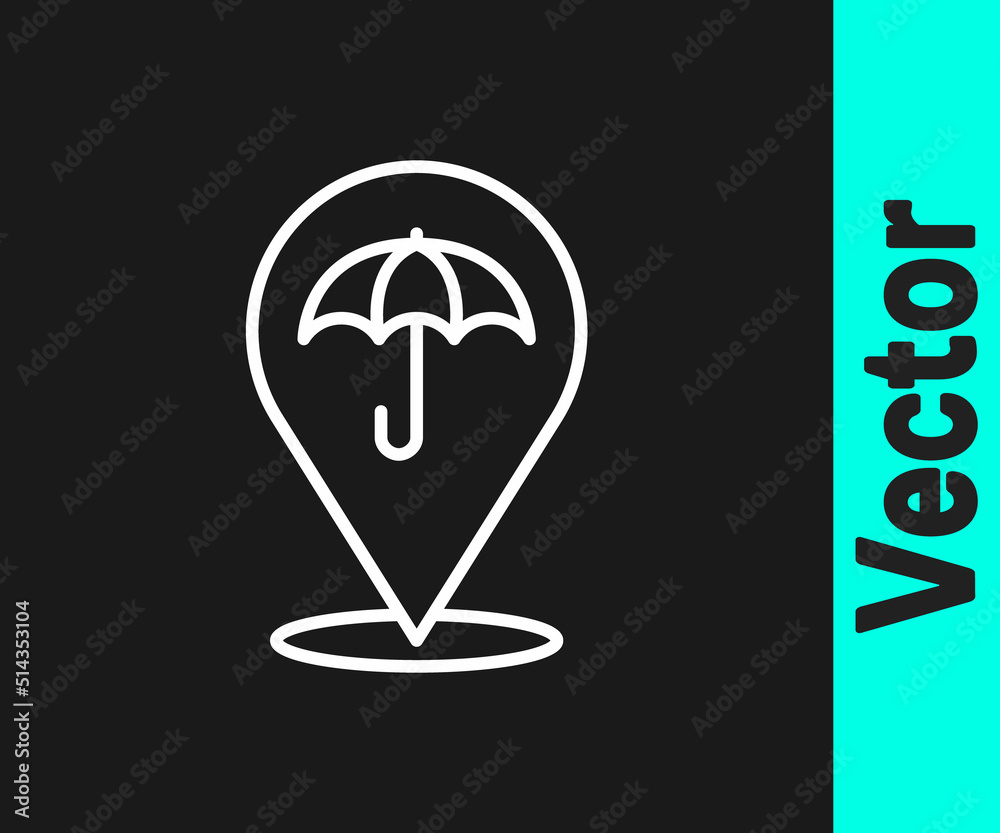 White line Umbrella icon isolated on black background. Insurance concept. Waterproof icon. Protection, safety, security concept. Vector White line Umbrella icon isolated on black background. Insurance concept. Waterproof icon. Protection, safety, security concept. Vector