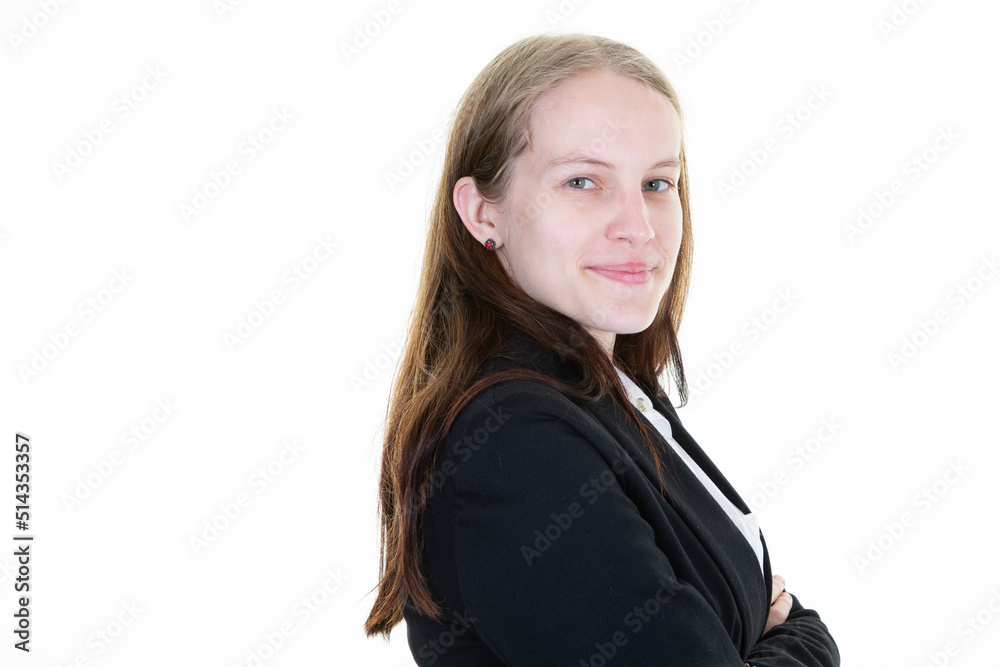 Smiling business woman against white background happy portrait smile profile portrait Smiling business woman against white background happy portrait smile profile portrait