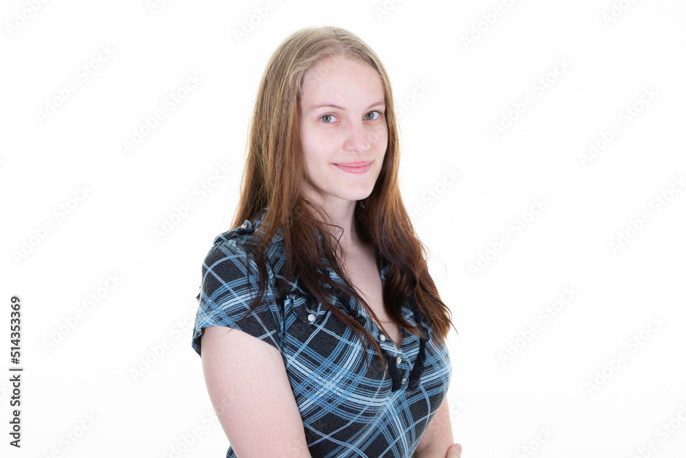 young woman portrait in blue blouse in profile on white background with long blond hair young woman portrait in blue blouse in profile on white background with long blond hair