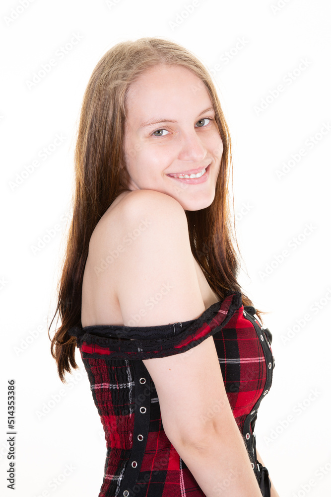 young woman in profile pose face on bare shoulder young woman in profile pose face on bare shoulder