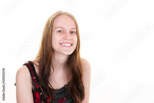 young happy woman joking and smiling portrait of beautiful blonde girl on white background