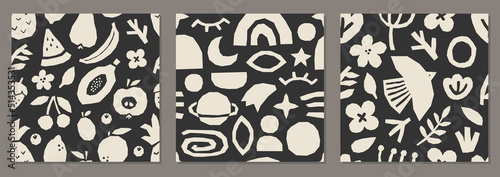Cute trendy set of seamless patterns with abstract collage of organic shapes