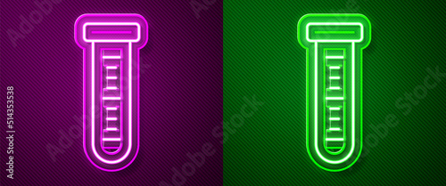 Glowing neon line Test tube and flask chemical laboratory test icon isolated on purple and green background. Laboratory glassware sign. Vector