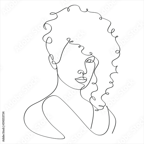 Line Art Woman Face Drawing. Black Woman Vector. Afro American Female Logo. Contouring Line. Minimalist Face. Beauty salon