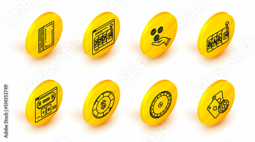 Set line Casino chip and playing cards, roulette wheel, with dollar symbol, Online poker table game, Slot machine, Hand holding casino chips, slot lucky sevens jackpot and Deck of icon. Vector
