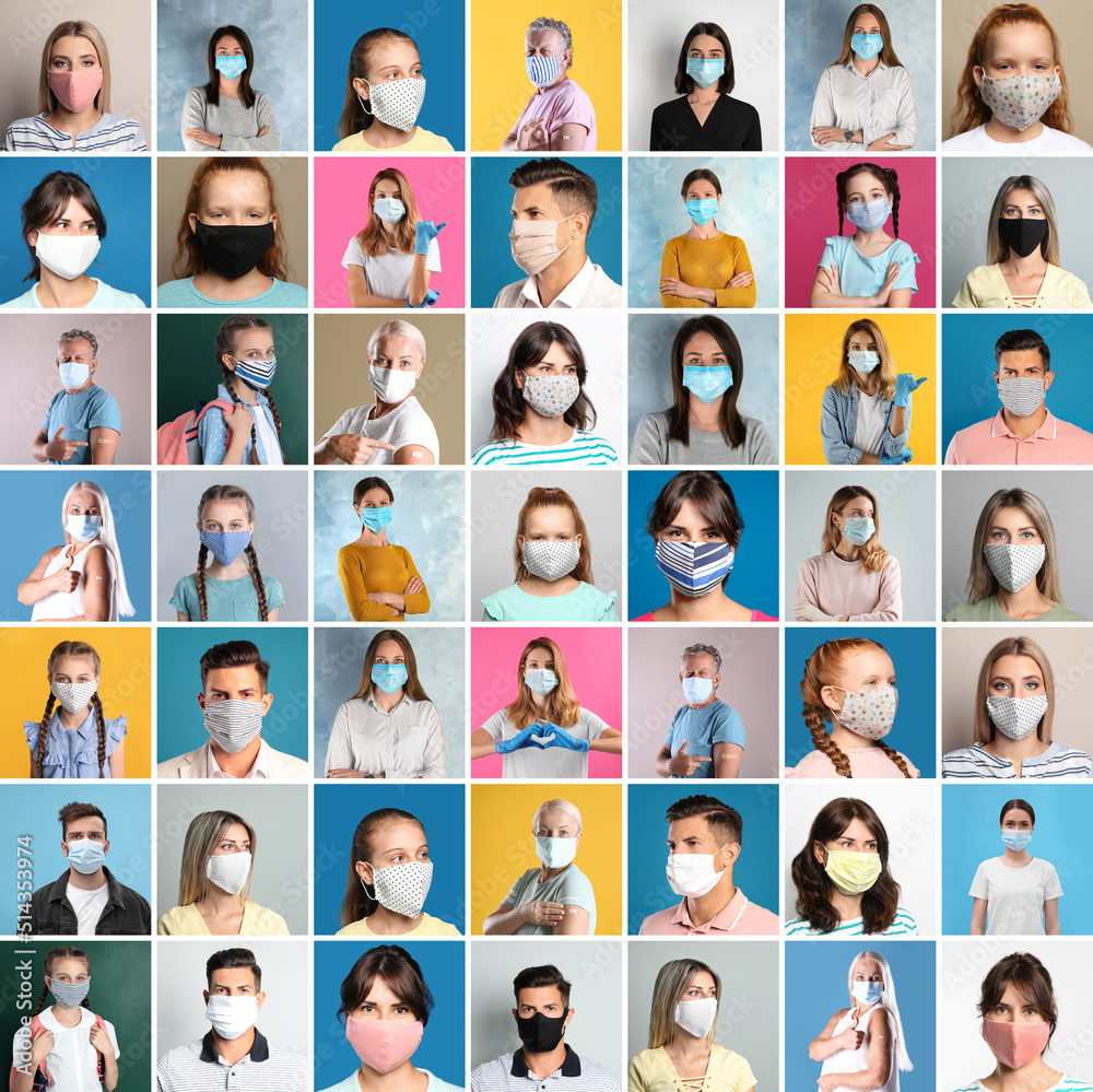 Collage with photos of people wearing protective face masks on different color backgrounds Collage with photos of people wearing protective face masks on different color backgrounds