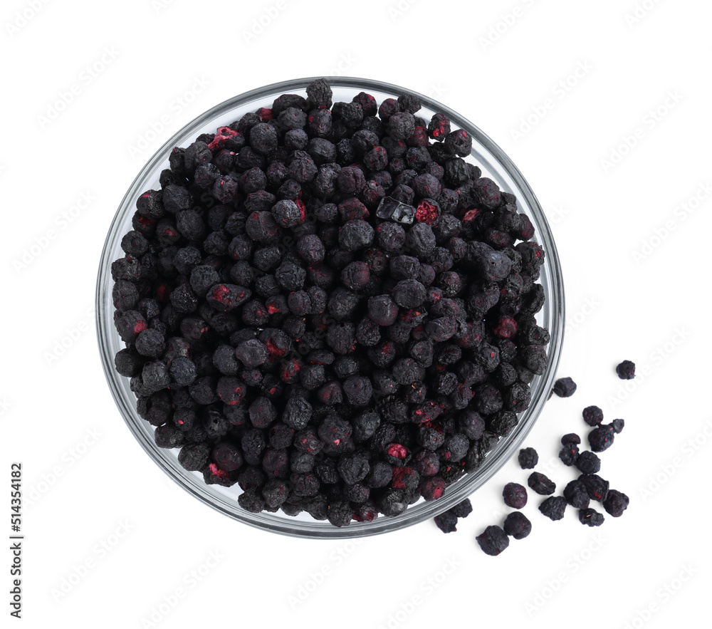 Freeze dried blueberries in bowl on white background, top view Freeze dried blueberries in bowl on white background, top view