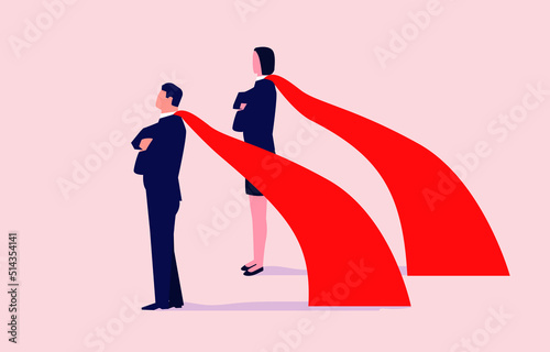 Concept illustration of team and leader, businessman and businesswoman standing side by side in fluttering capes