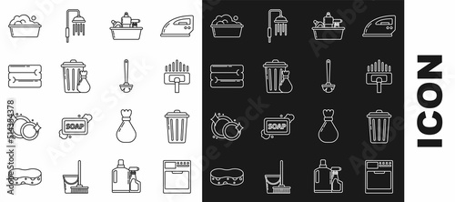 Set line Washer, Trash can, Vacuum cleaner, Plastic bottles for liquid dishwashing liquid, and garbage bag, Towel stack, basin with soap suds and Toilet brush icon. Vector