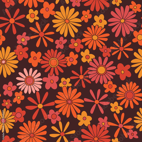 Hippie seamless vector pattern. Nostalgic retro 70s groovy print. Vintage floral background. Textile and surface design with old fashioned hand drawn naive geometric flowers