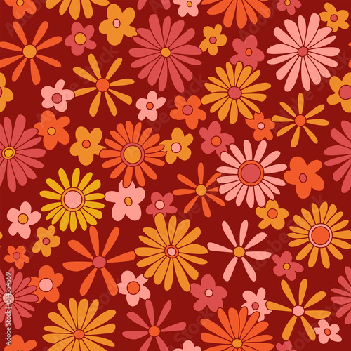 Wallpaper Mural Hippie seamless vector pattern. Nostalgic retro 70s groovy print. Vintage floral background. Textile and surface design with old fashioned hand drawn naive geometric flowers Torontodigital.ca