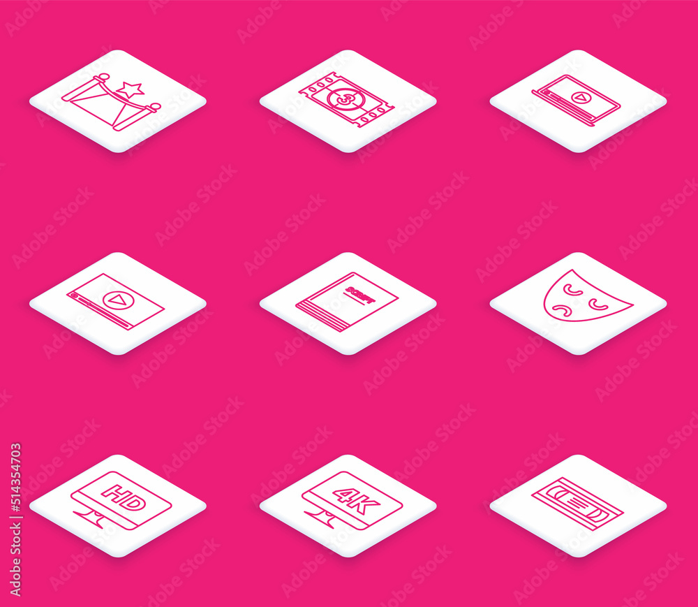 Set line Carpet with barriers and star, Play Video, Online play video, Scenario, Drama theatrical mask, Computer PC monitor HD technology and 4k icon. Vector