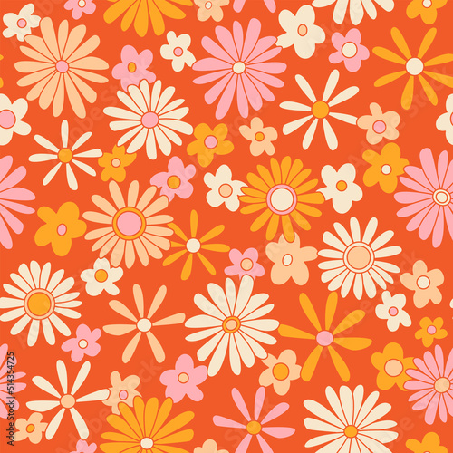Wallpaper Mural Hippie seamless vector pattern. Nostalgic retro 70s groovy print. Vintage floral background. Textile and surface design with old fashioned hand drawn naive geometric flowers Torontodigital.ca