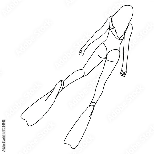 Continuous single one drawn scuba diver line underwater in the sea. The concept of sport is a journey of scuba diving.