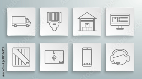 Set line Wooden box, Cardboard with traffic symbol, Mobile phone app delivery tracking, Support operator touch, Warehouse, Computer monitor and Delivery cargo truck vehicle icon. Vector