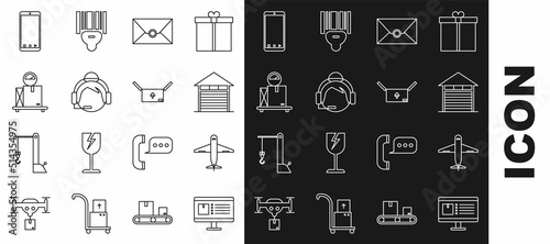 Set line Computer monitor with app delivery tracking, Plane, Closed warehouse, Envelope, Support operator touch, Scale cardboard box, Mobile phone and Cardboard traffic symbol icon. Vector