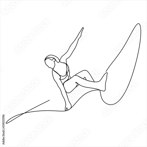 One continuous line drawing young happy tourist surfer exercising surfing on wavy ocean. Healthy extreme watersport concept. Summer holiday. Dynamic single line draw design vector graphic illustration