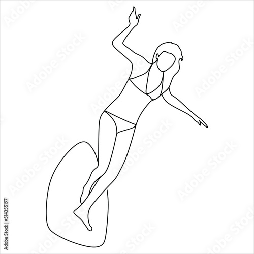 One continuous line drawing young happy tourist surfer exercising surfing on wavy ocean. Healthy extreme watersport concept. Summer holiday. Dynamic single line draw design vector graphic illustration