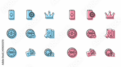 Set line Casino chips, Game dice, Online poker table game, Playing card with heart, dollar and icon. Vector