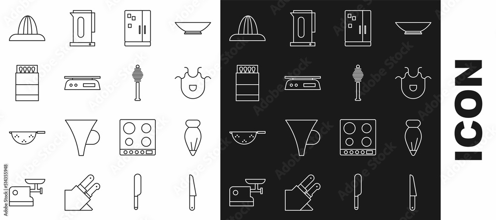 Set line Knife, Pastry bag for decorate cakes, Kitchen apron, Refrigerator, Electronic scales, Open matchbox and matches, Citrus fruit juicer and Honey dipper stick icon. Vector Set line Knife, Pastry bag for decorate cakes, Kitchen apron, Refrigerator, Electronic scales, Open matchbox and matches, Citrus fruit juicer and Honey dipper stick icon. Vector