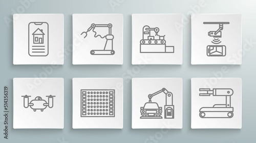 Set line Drone flying with action camera, Printed circuit board PCB, Robot, Factory conveyor system belt, Wireless Controlling CCTV security and Smart home icon. Vector