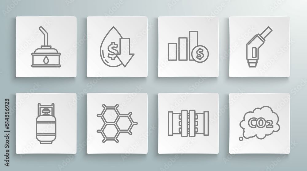 Set line Propane gas tank, Industry metallic pipes and valve, CO2 emissions cloud, Pie chart infographic dollar, Gasoline pump nozzle and Canister motor machine icon. Vector Set line Propane gas tank, Industry metallic pipes and valve, CO2 emissions cloud, Pie chart infographic dollar, Gasoline pump nozzle and Canister motor machine icon. Vector