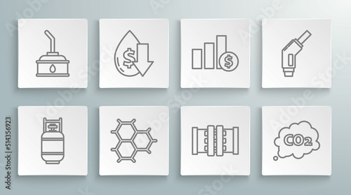 Set line Propane gas tank  Industry metallic pipes and valve  CO2 emissions cloud  Pie chart infographic dollar  Gasoline pump nozzle and Canister motor machine icon. Vector