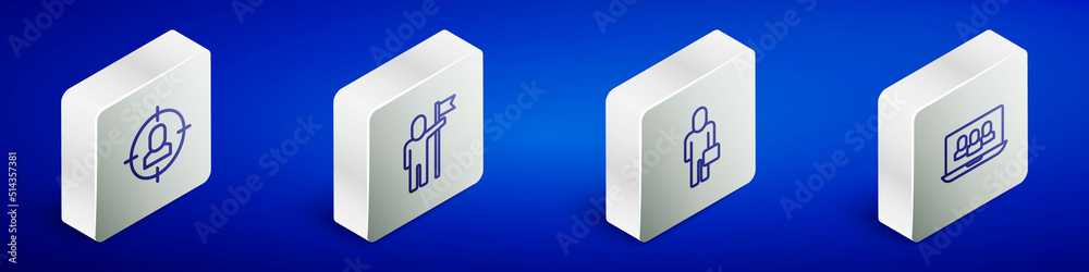 Set Isometric line Head hunting, Man holding flag, Businessman and Project team base icon. Vector Set Isometric line Head hunting, Man holding flag, Businessman and Project team base icon. Vector