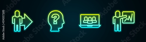 Set line Leader of a team of executives, Worker, Project base and . Glowing neon icon. Vector
