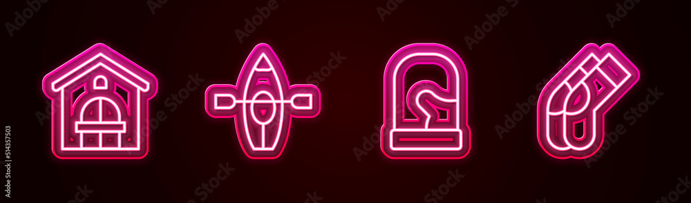 Set line Farm house, Kayak and paddle, Christmas mittens and Socks. Glowing neon icon. Vector Set line Farm house, Kayak and paddle, Christmas mittens and Socks. Glowing neon icon. Vector