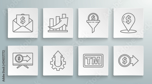 Set line Monitor with dollar, Financial growth and coin, Arrow gear business, Trademark, Coin money symbol, Lead management, Cash location pin and Envelope icon. Vector