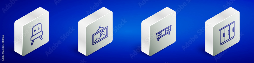 Set Isometric line Armchair, Picture, TV table stand and Wardrobe icon. Vector Set Isometric line Armchair, Picture, TV table stand and Wardrobe icon. Vector