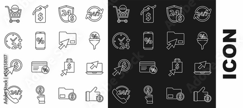 Set line Hand holding coin, Laptop cursor, Lead management, Shield with dollar, Percent discount mobile, Clock 24 hours, Remove shopping cart and Cursor click document folder icon. Vector