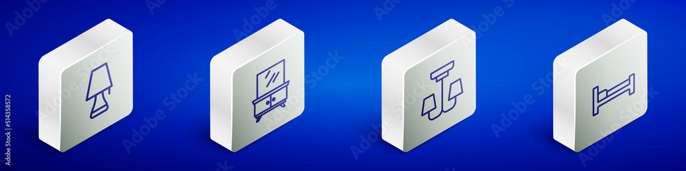 Set Isometric line Table lamp, Dressing table, Chandelier and Bed icon. Vector Set Isometric line Table lamp, Dressing table, Chandelier and Bed icon. Vector