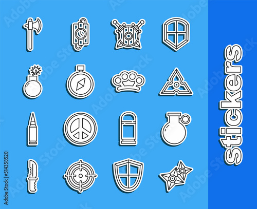 Set line Japanese ninja shuriken, Hand grenade, Wooden shield with crossed swords, Compass, Bomb ready to explode, Medieval axe and Brass knuckles icon. Vector