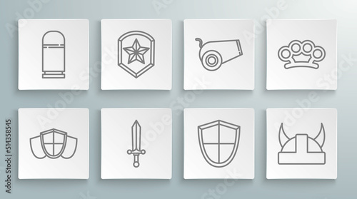 Set line Shield, Police badge, Medieval sword, Viking in horned helmet, Cannon, Brass knuckles and Cartridges icon. Vector